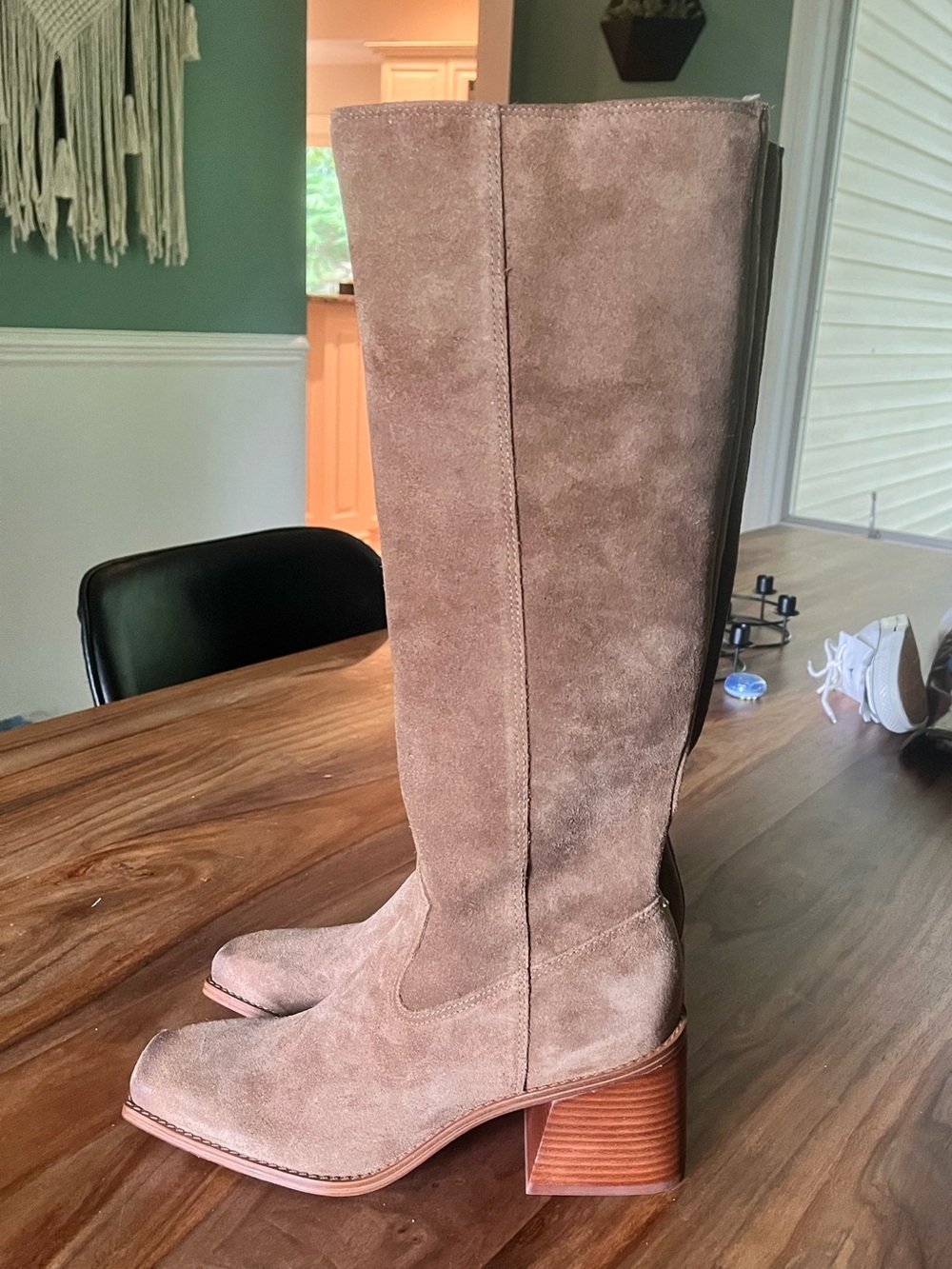 NEW Vince Camuto genuine suede tan knee high stacked boots